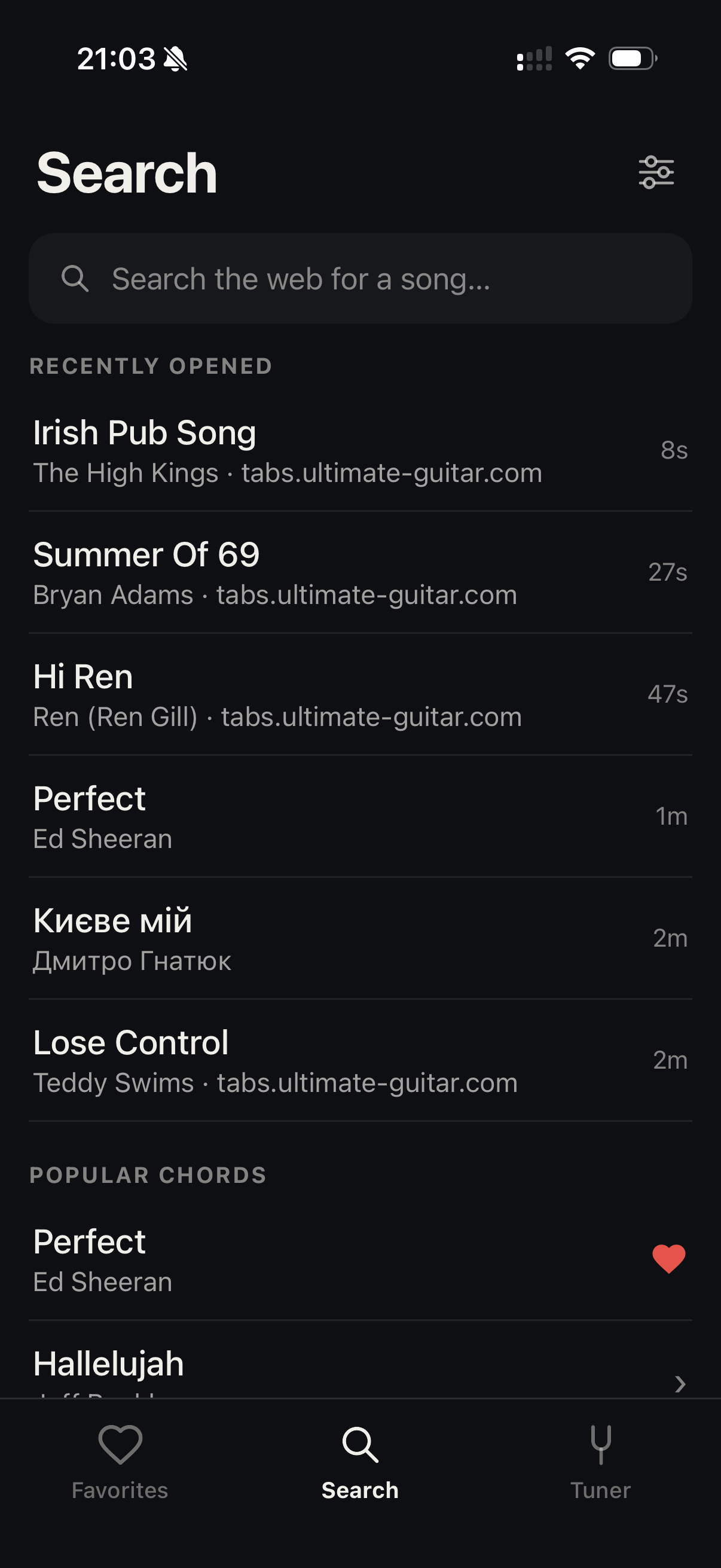 OffChords search screen: recently opened songs and a popular chords list