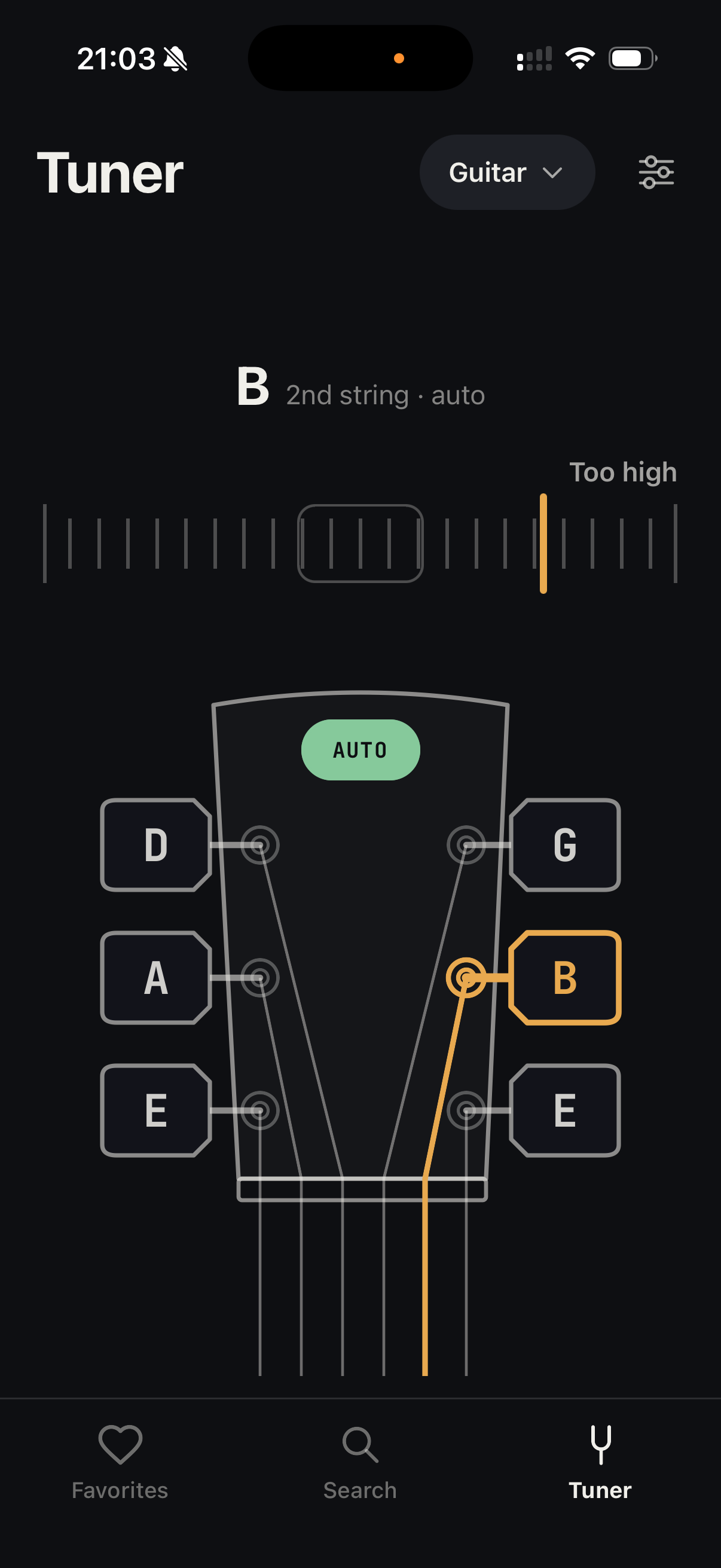 OffChords guitar tuner screen: labelled headstock and a needle meter